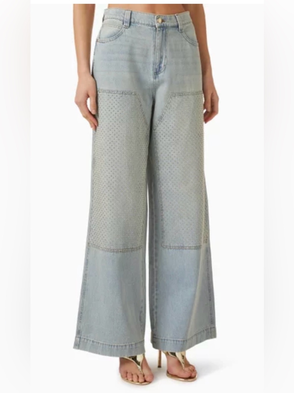 Sandro Landon Light Wash Wide Leg Jeans with Perforated Panels